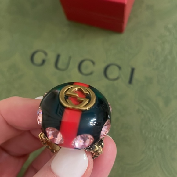 Gucci interlocking GG Dome Ring Sherry Line Red and Green with pink crystals - Picture 4 of 7